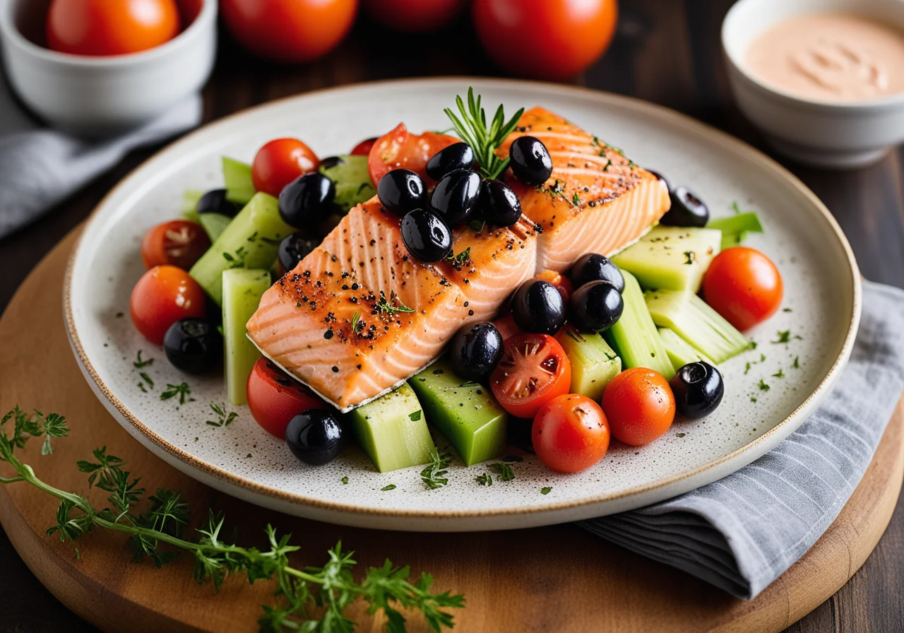 Oven‑Baked Salmon on Tomato Salad