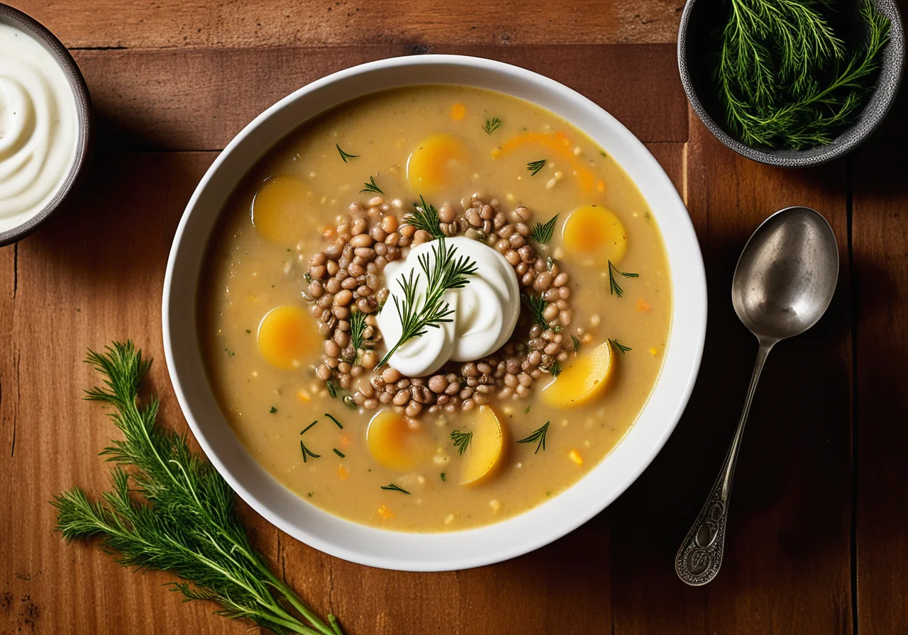 Clear Potato Soup with Barley Lentils and Dill Sour Cream