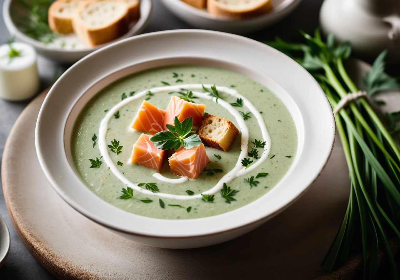 Salmon Strips in Wild Garlic Soup