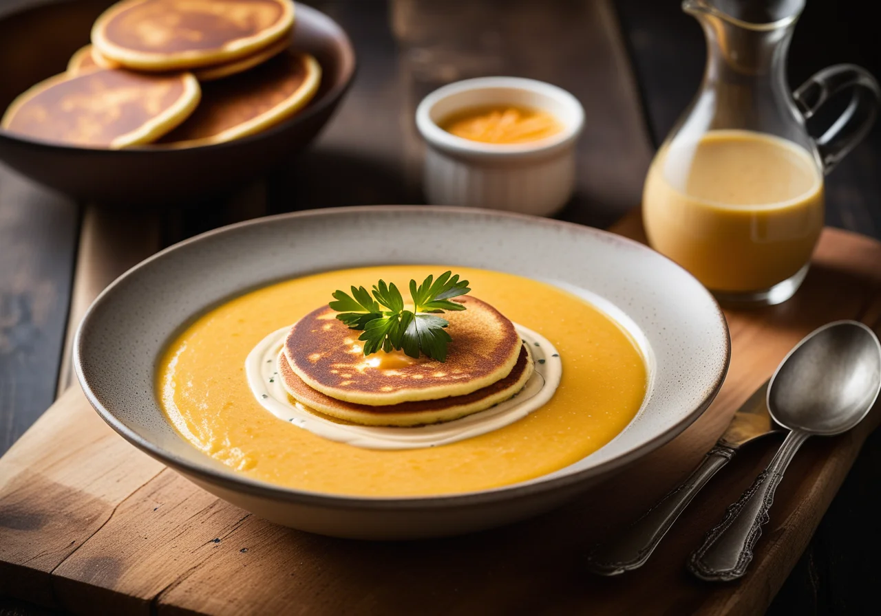 Carrot Soup with Pancake Cubes
