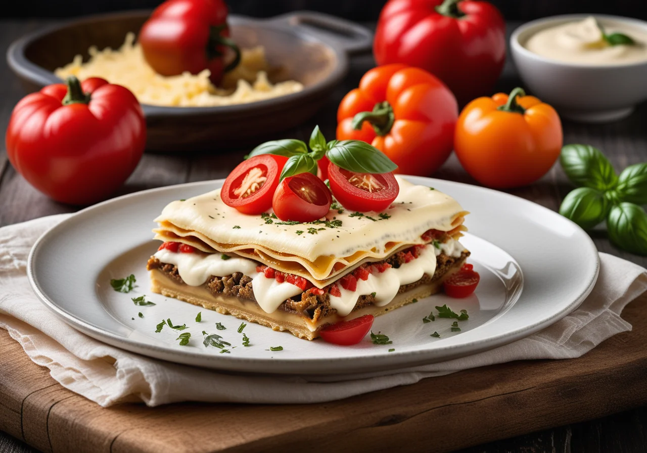 Vegetarian Lasagna with Mushrooms, Eggplant, Bell Pepper and Ricotta