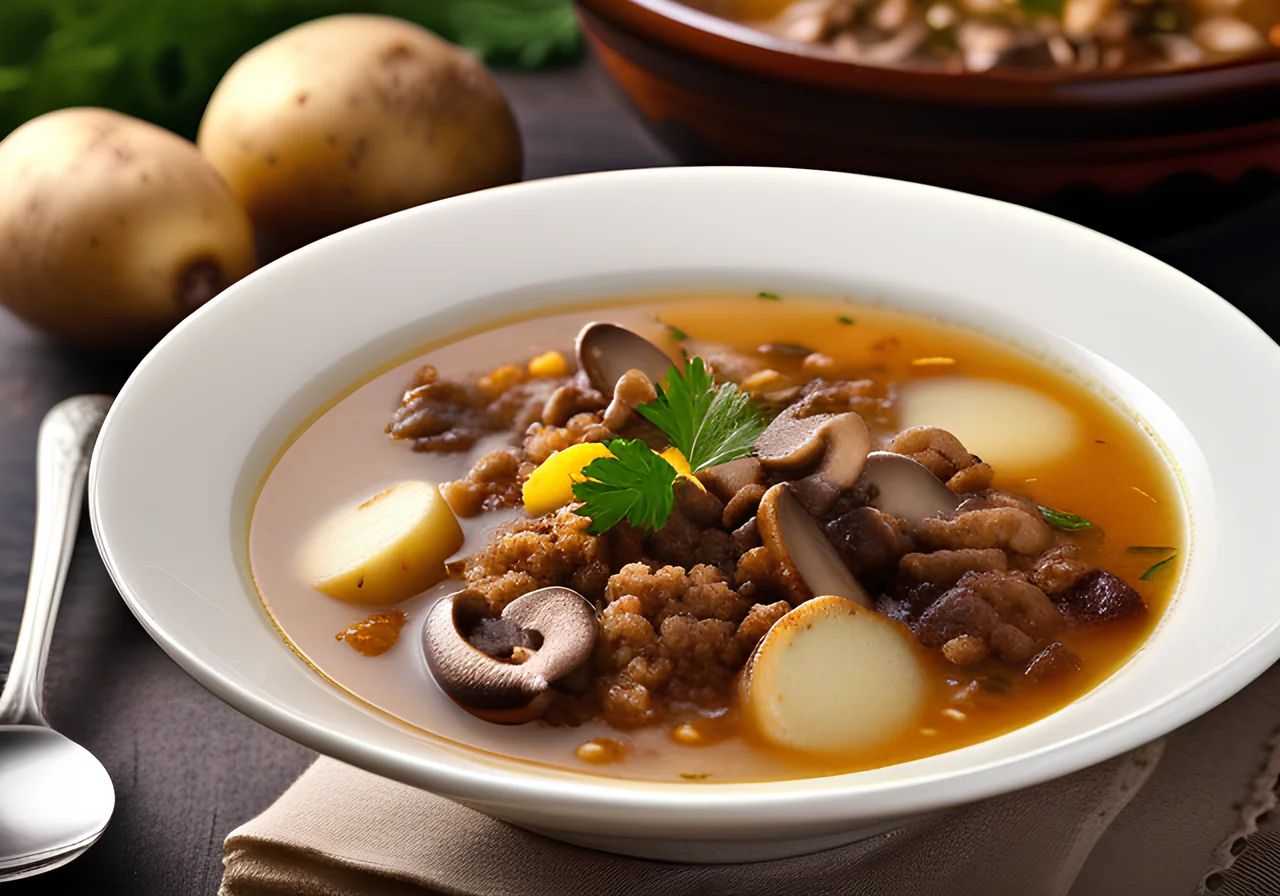 Potato and Minced Meat Soup with Mushrooms