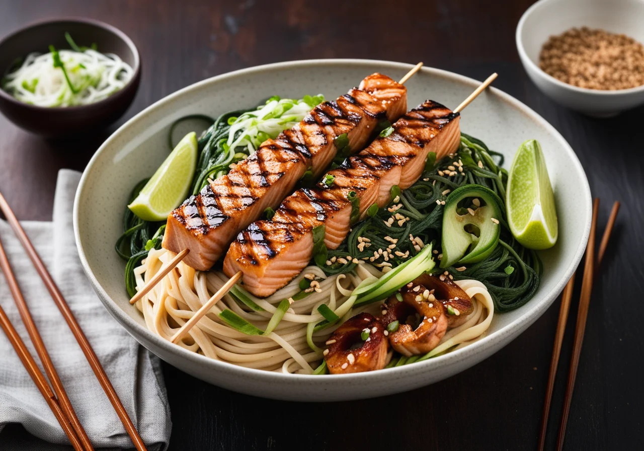 Grilled Salmon Skewers with Noodles