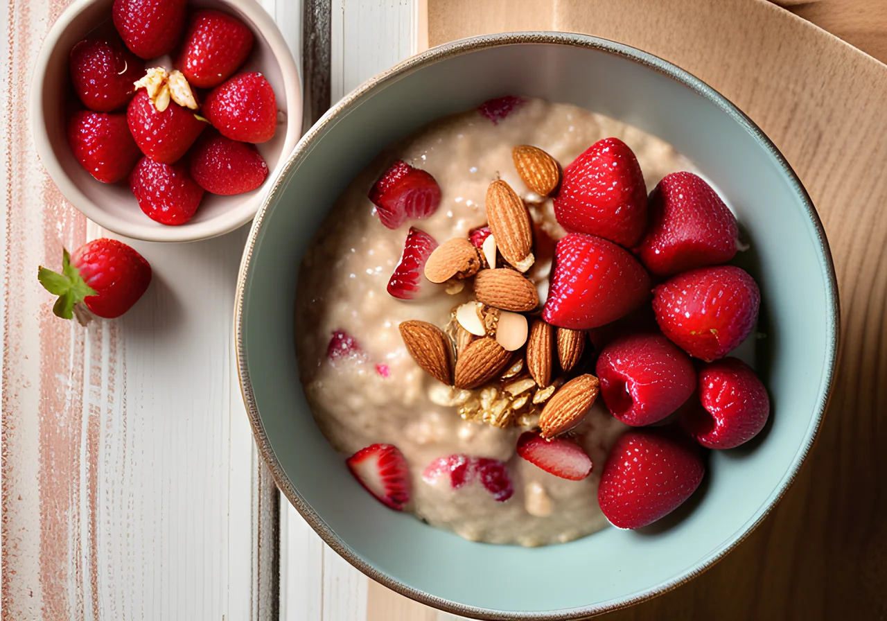Manuka Oatmeal Bowl with Rhubarb and Strawberries