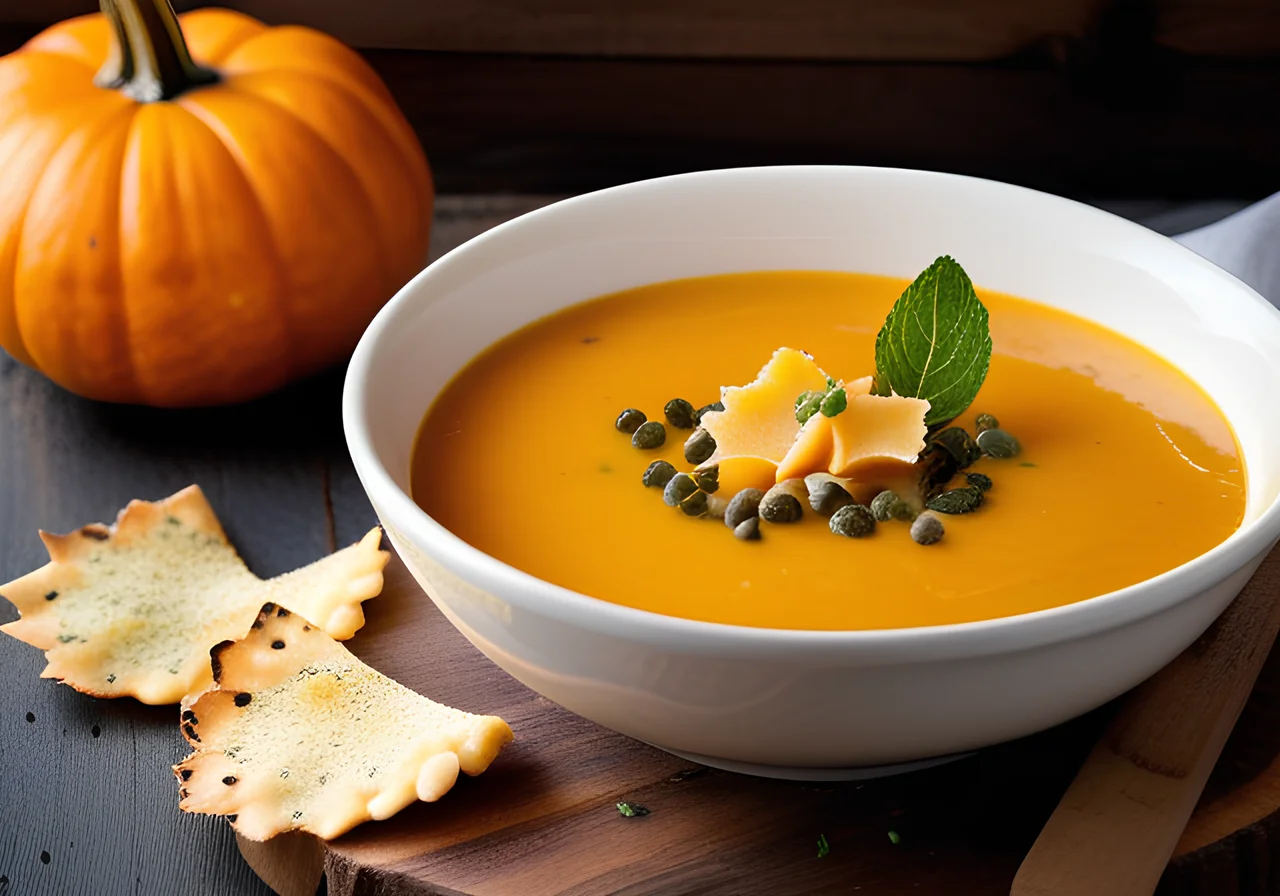 Creamy Pumpkin Soup with Parmesan Chips and Mint