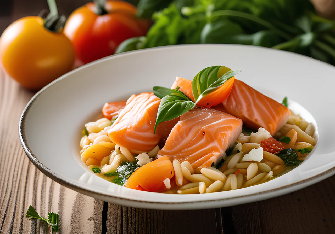 Salmon and Orzo Stew with Tomatoes and Feta