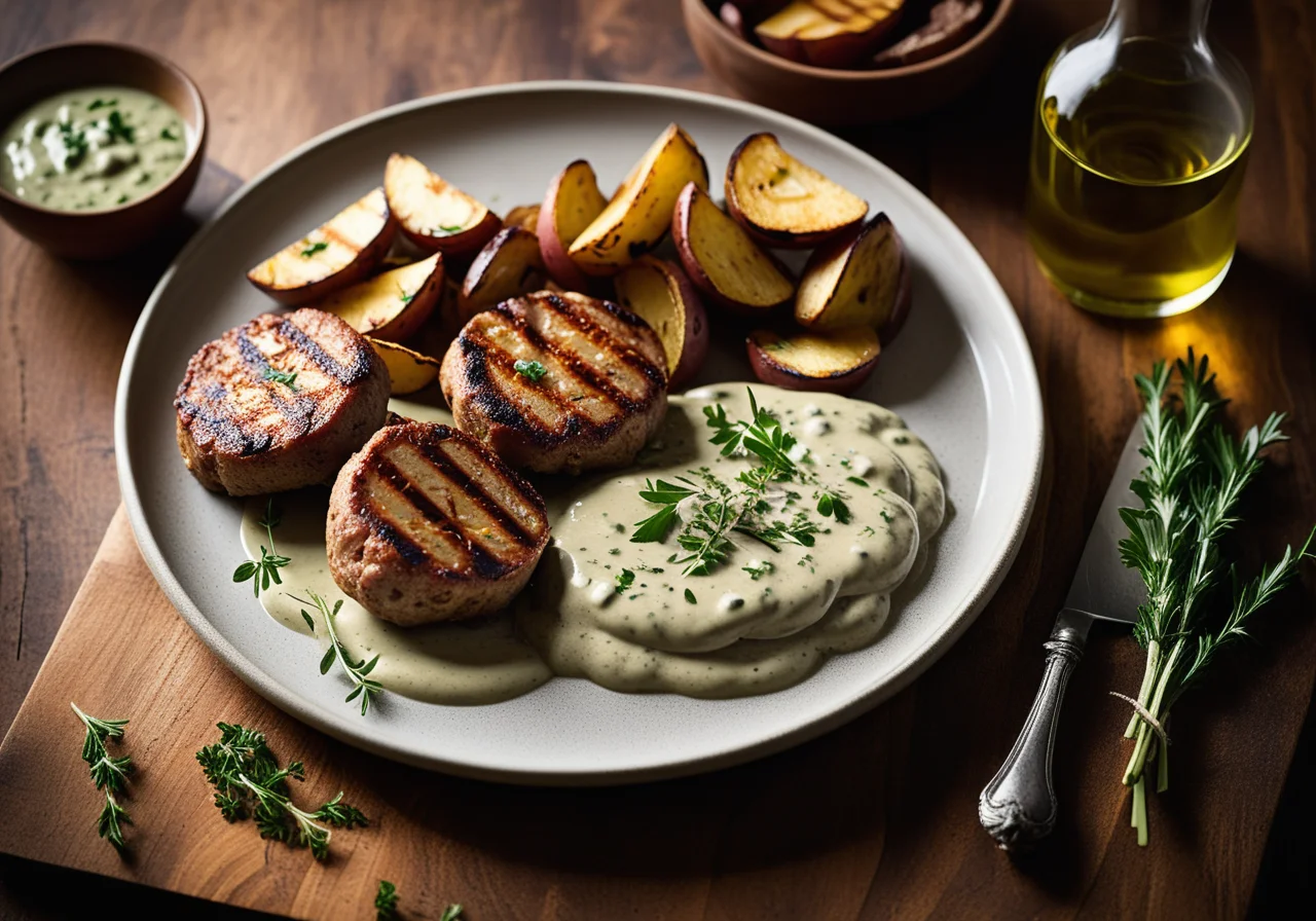 Grilled Minute-Steaks with Toasted Bread and Sautéed Vegetable Potatoes