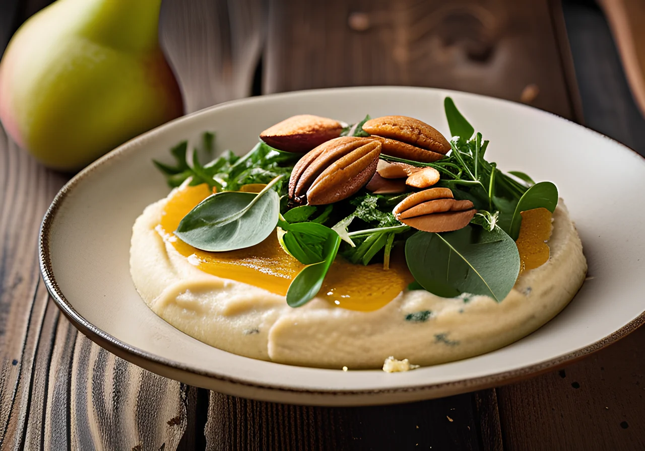 Grana Padano Hummus with Arugula, Roasted Honey Pears and Toasted Almonds