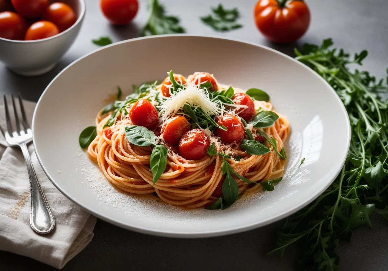 Pasta with Tomato Sauce and Arugula