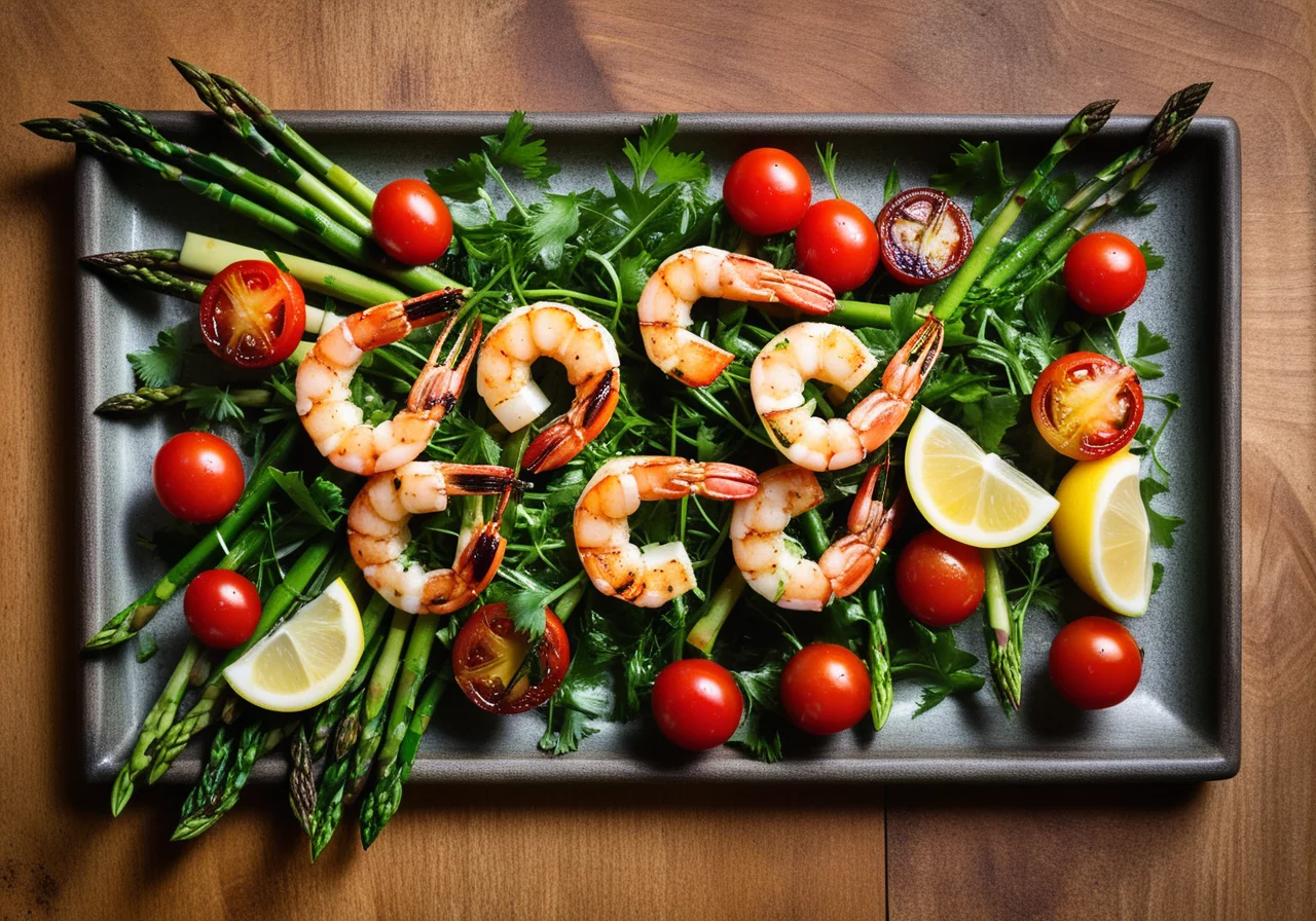 Shrimp Skewers with Leafy Salad and Asparagus