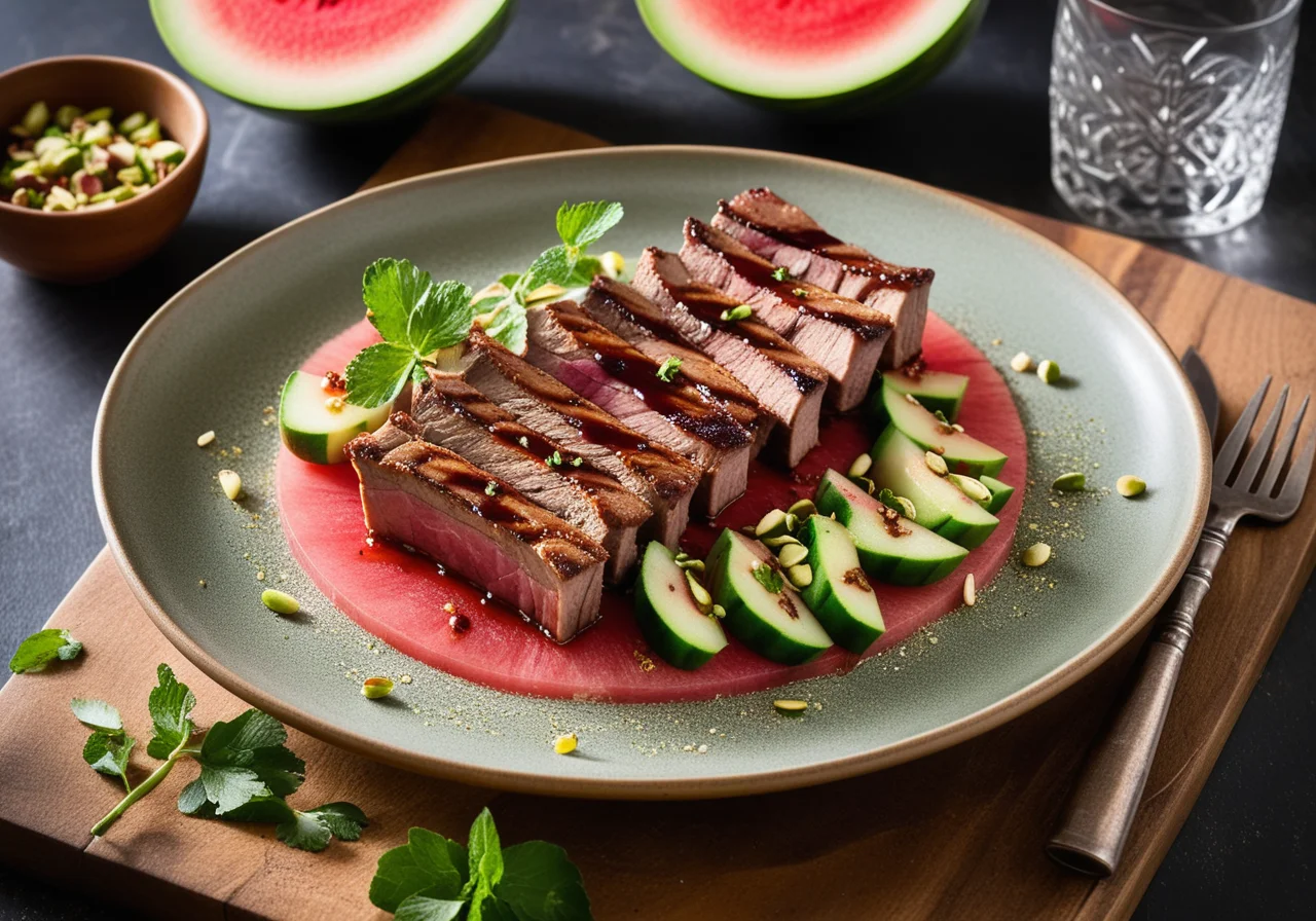 Grilled Ribs with Melon-Cucumber Carpaccio