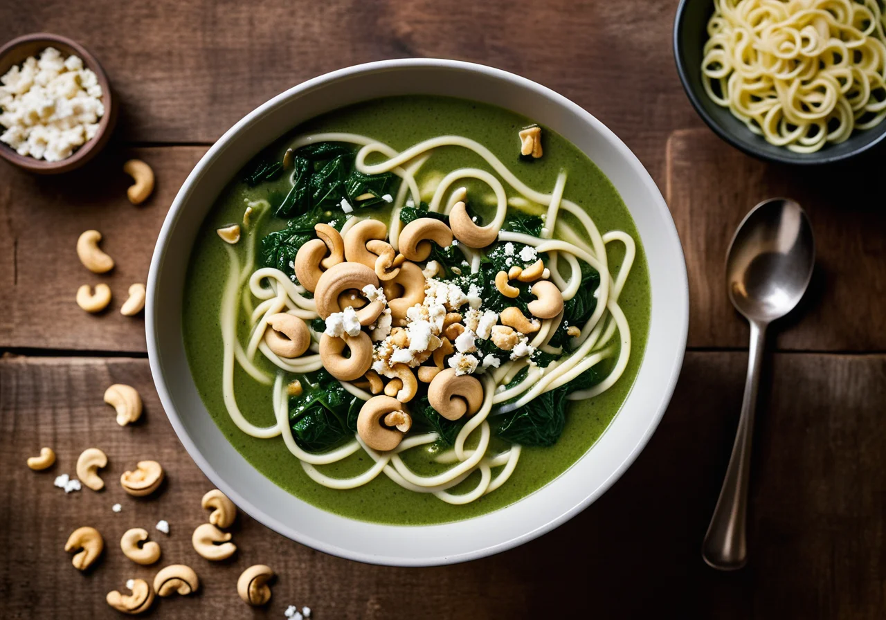 Spaghetti Spinach Soup with Cashews
