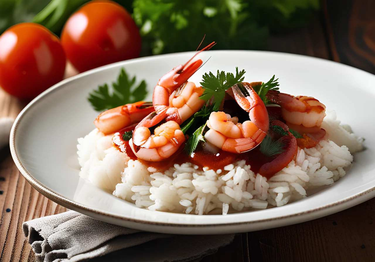 Shrimps with Cognac Tomato Sauce and Rice