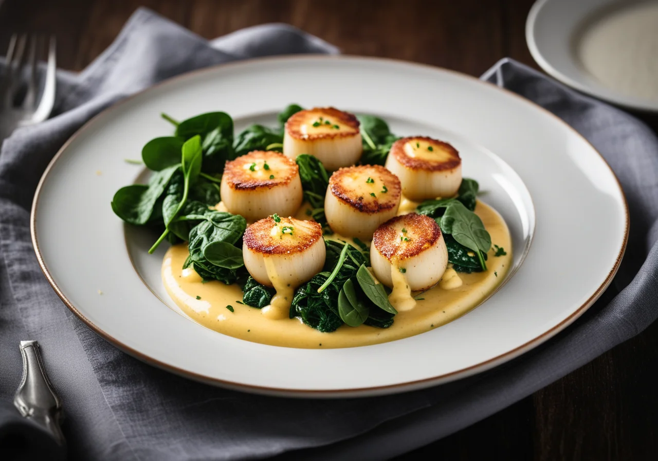 Baked Scallops with Saffron Sauce and Spinach