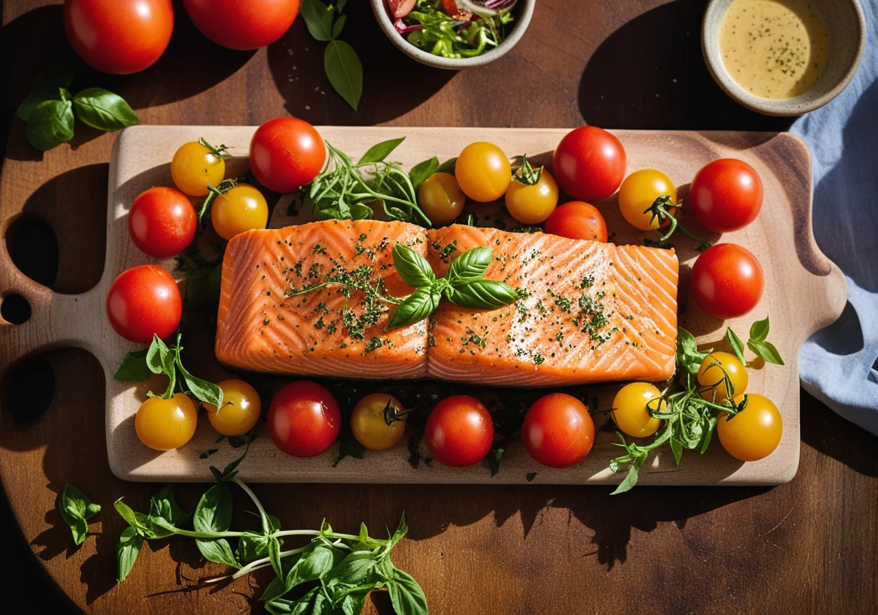 Salmon Fillets with Mustard Coating and Tomato Salad