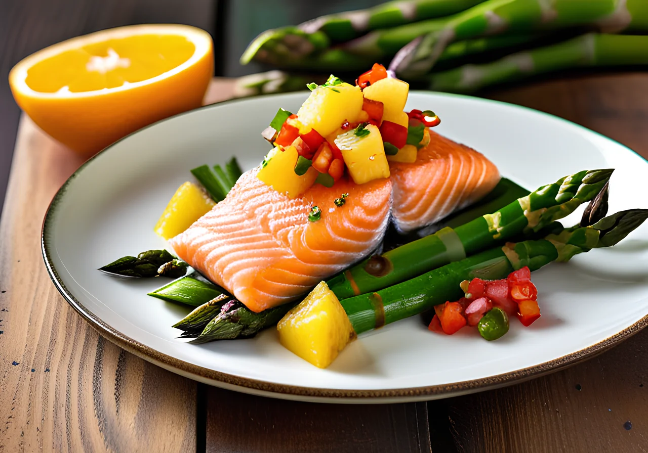 Beet‑Marinated Salmon with Asparagus Pineapple Salsa