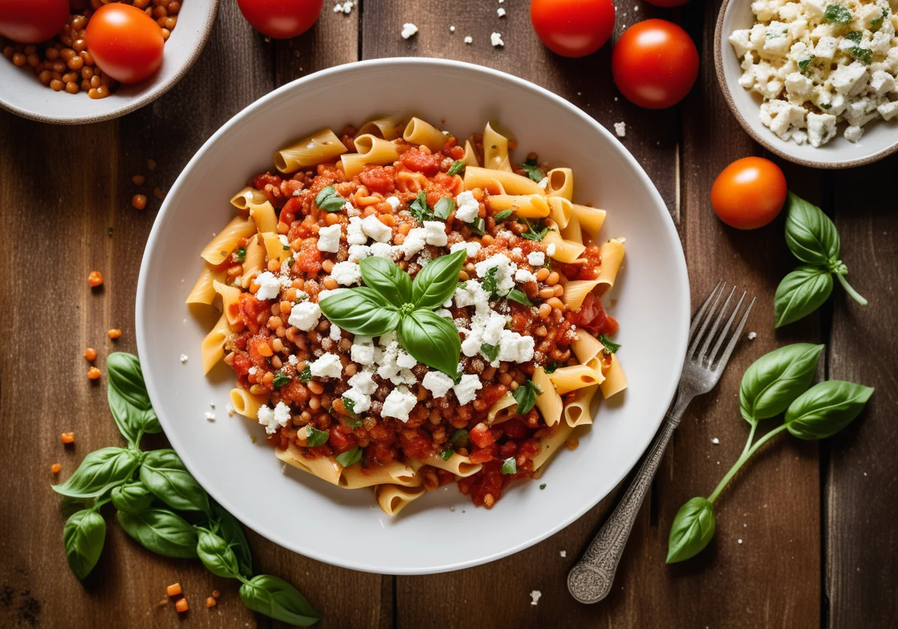 Pasta with Lentil Tomato Sauce and Sheep Cheese