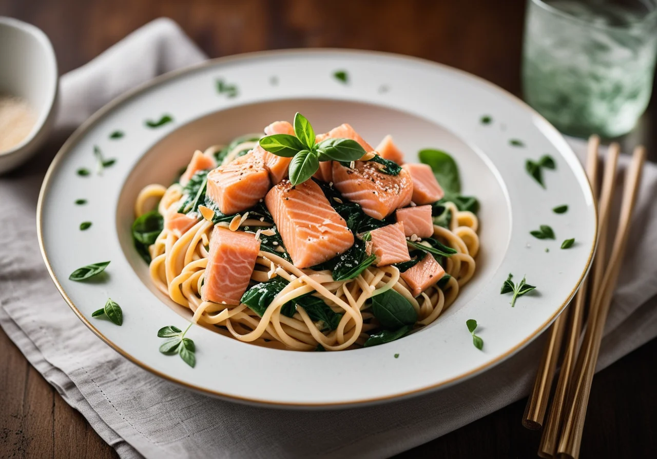 Salmon Noodles with Spinach