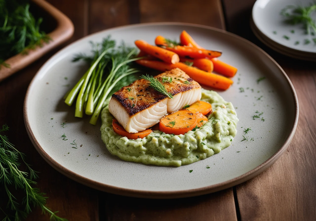 Cod on Vegetable Bed with Pea Dip