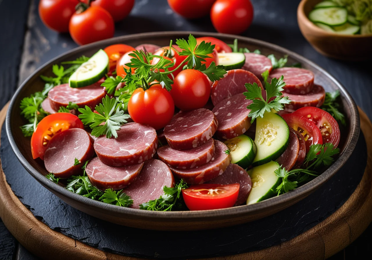 Mixed Sausage Salad with Cucumber and Tomatoes