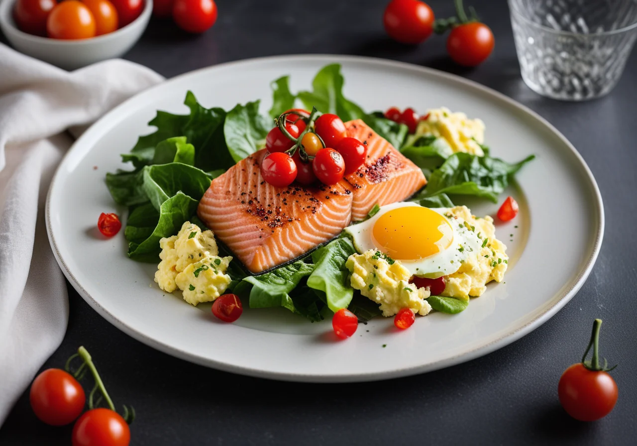 Salmon on Scrambled Eggs and Salad Bed with Cocktail Sauce