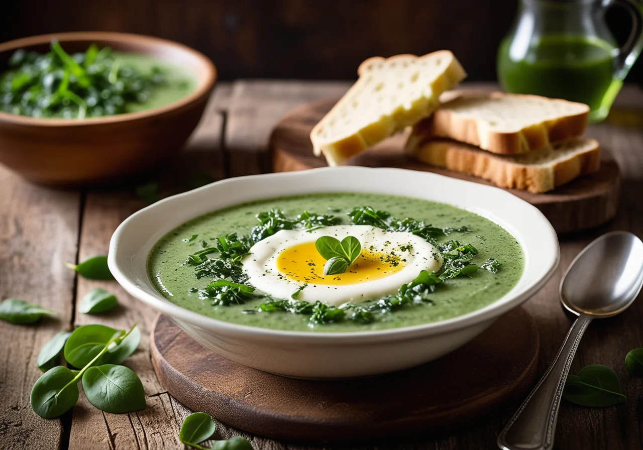 Watercress Spinach Soup with Cheese Bread
