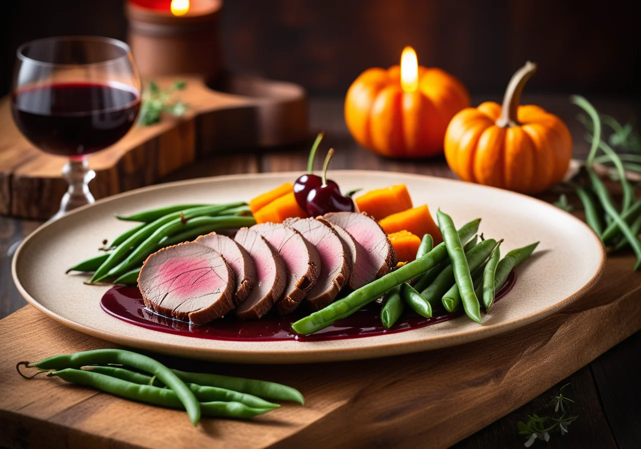 Goose breast with cherry sauce and buttered vegetables