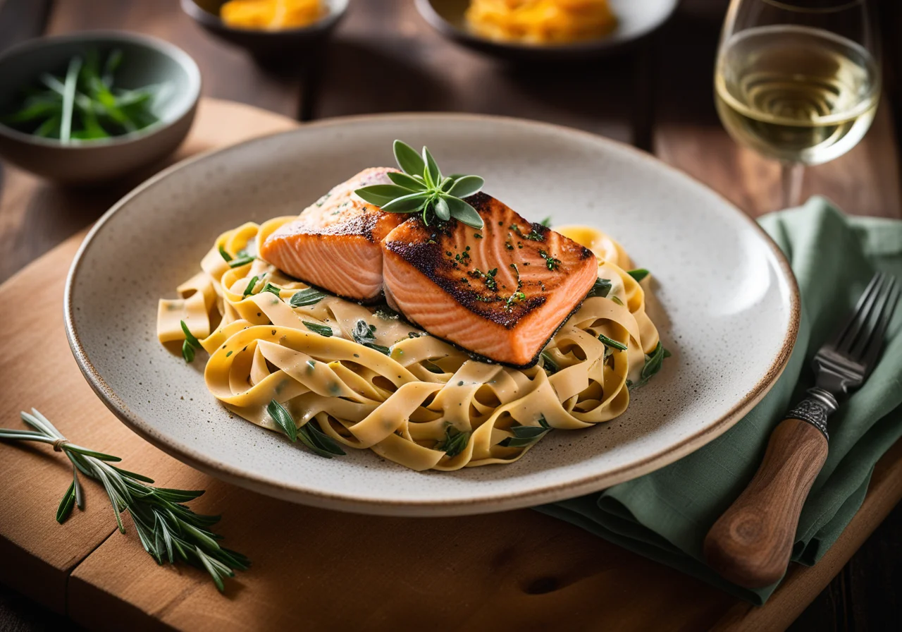 Pan‑fried Salmon Fillet with Tagliatelle