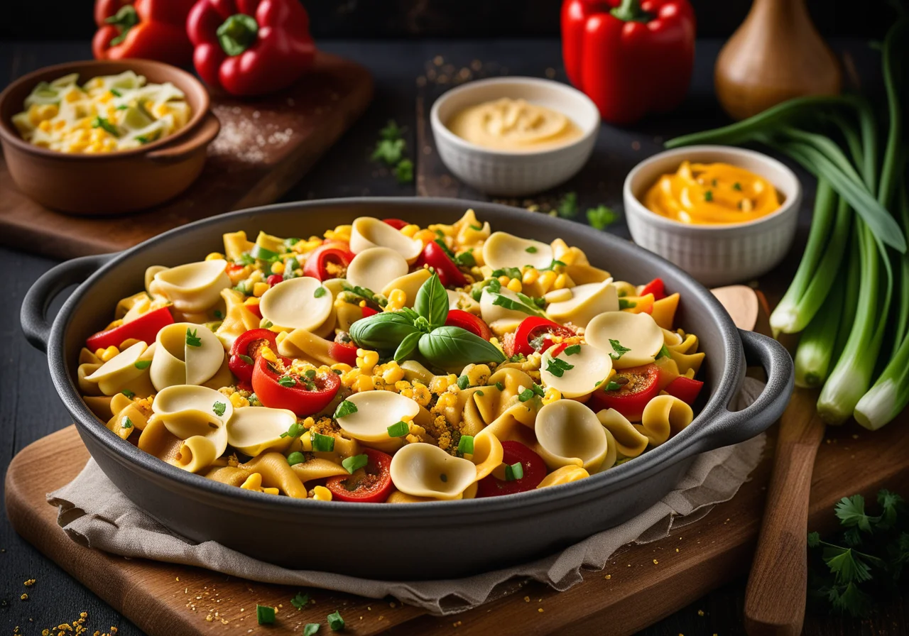 Tortellini casserole with corn and bell pepper