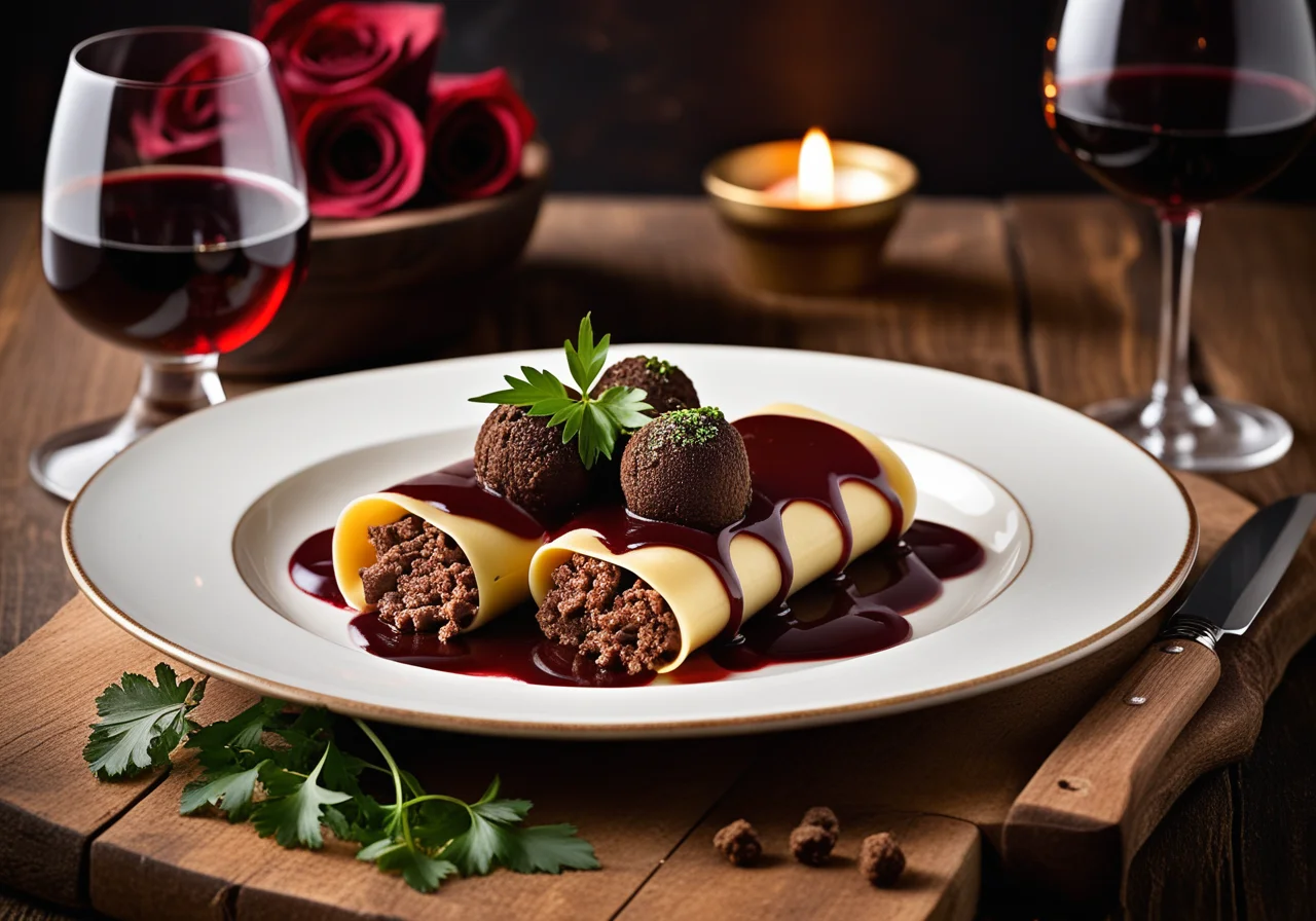 Cannelloni made from potato dough with beef roast filling, red wine sauce and shaved truffle