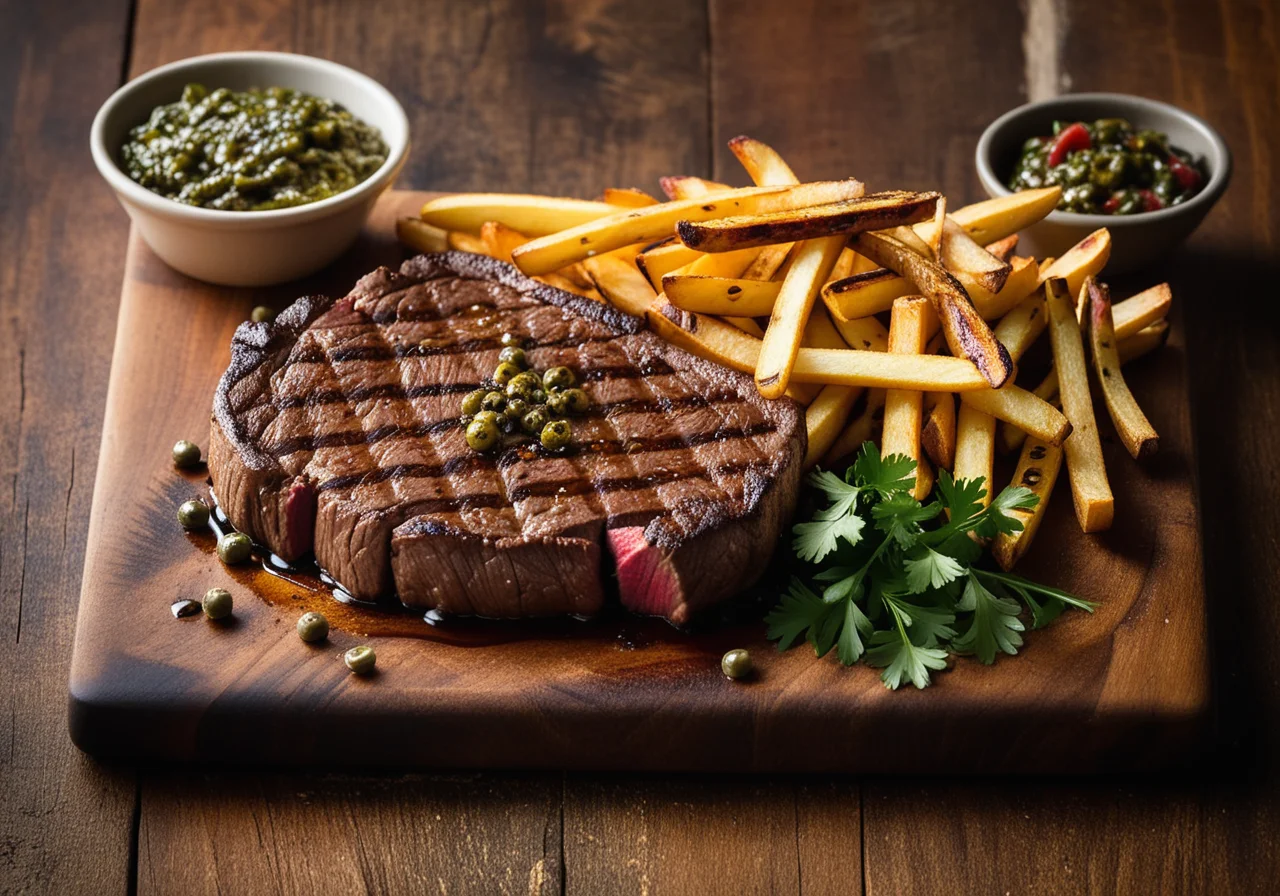 Steak with Capers, Pickles and French Fries