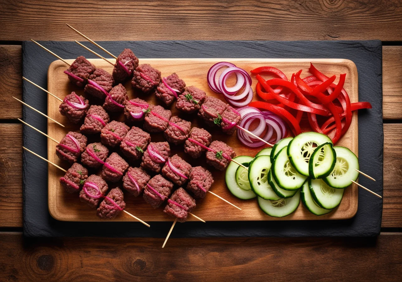 Ground Beef Skewers with Onions and Pickles