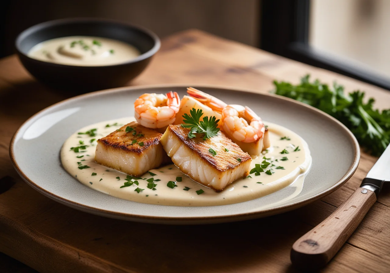 Pan-Seared Pikeperch with Cream Sauce and Shrimp