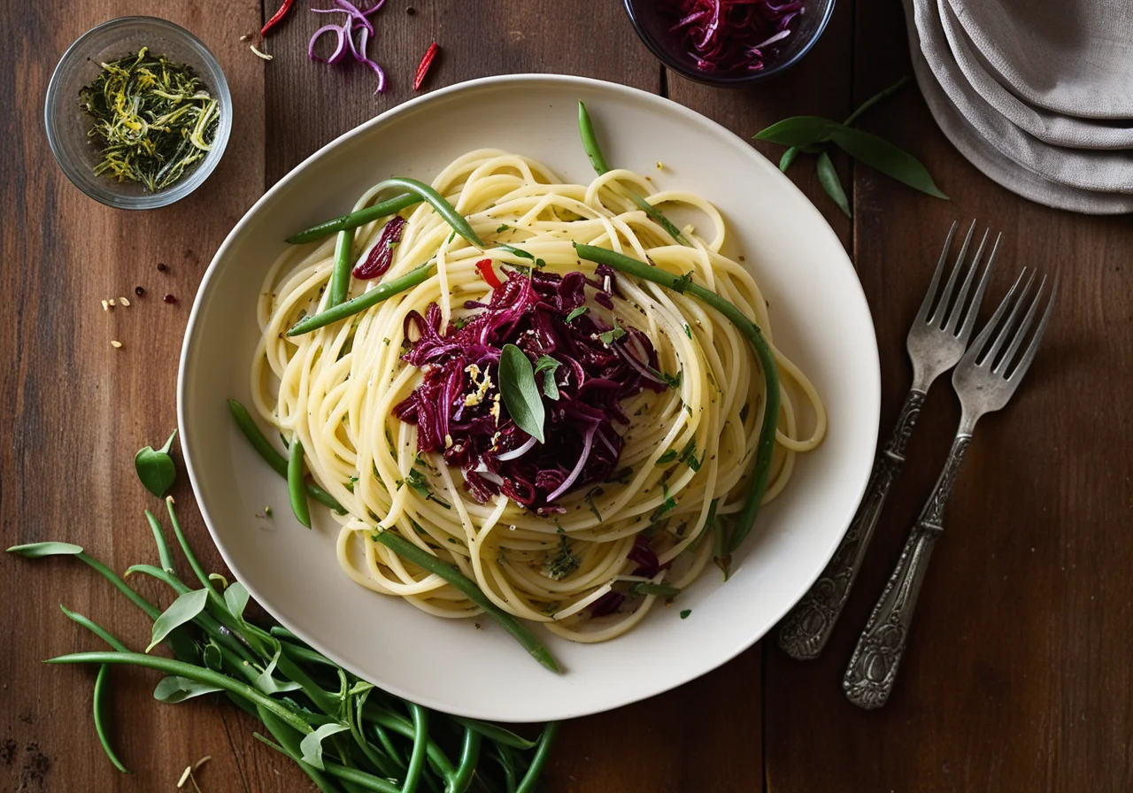 Lemon Spaghetti with sliced beans and radicchio
