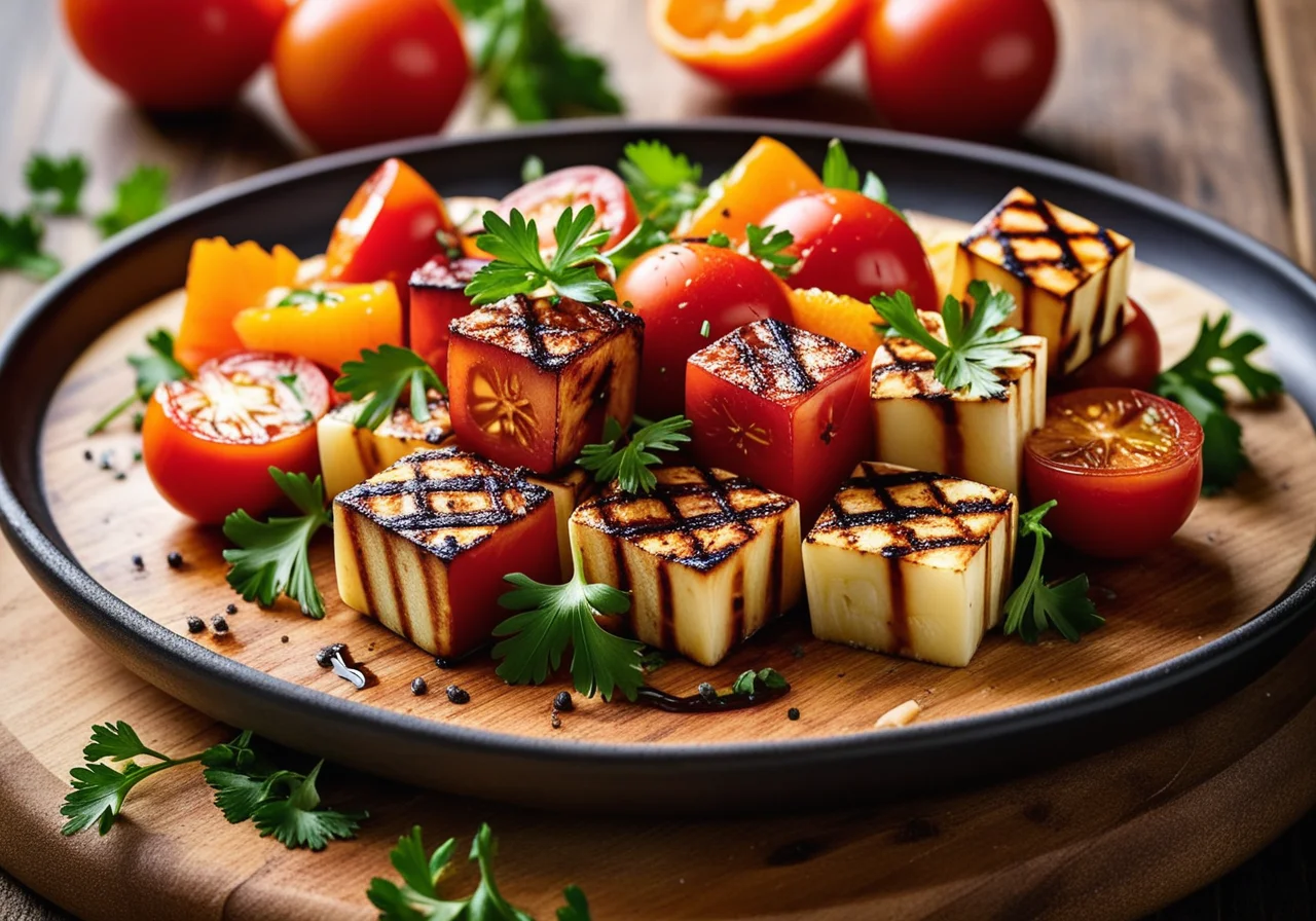 Grilled Halloumi Skewers with Onion Tomato Salad