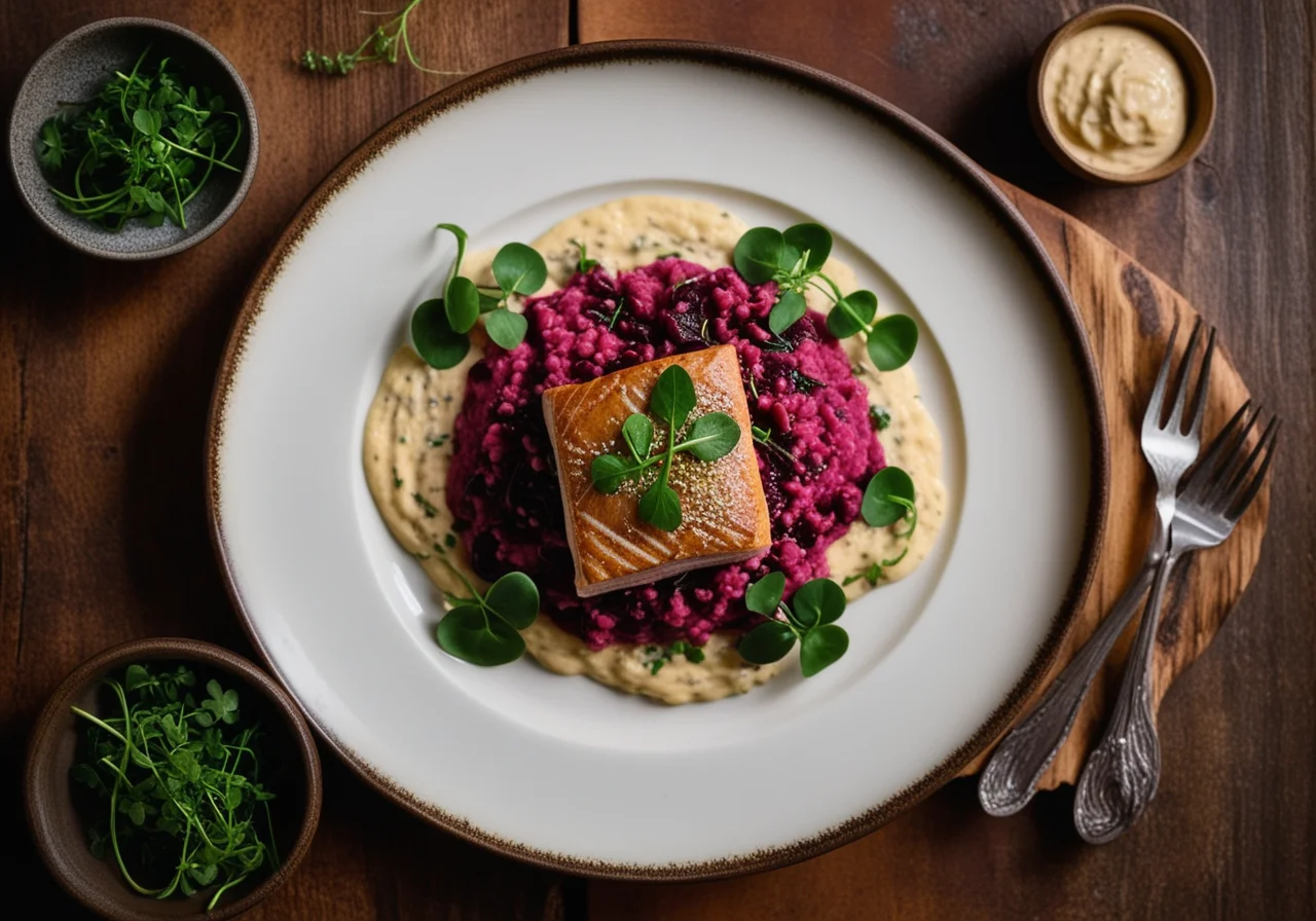 Sea Trout with Enoki Mushrooms and Red Beet Risotto