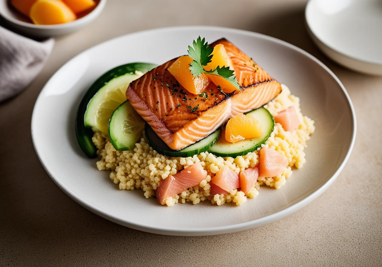 Salmon on Couscous with Cucumber and Apricot