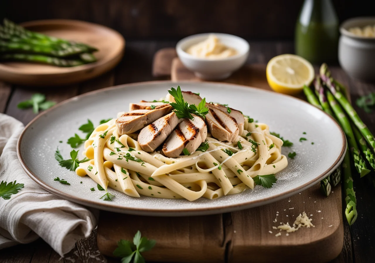 Springtime Pasta with Chicken and White Asparagus