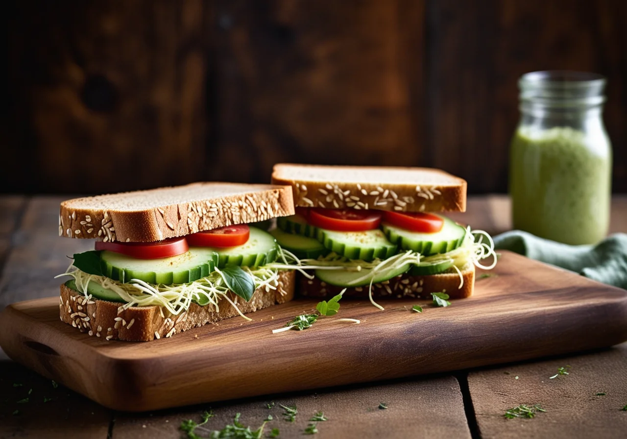Whole Wheat Double Sandwich with Sprouts and Cucumbers