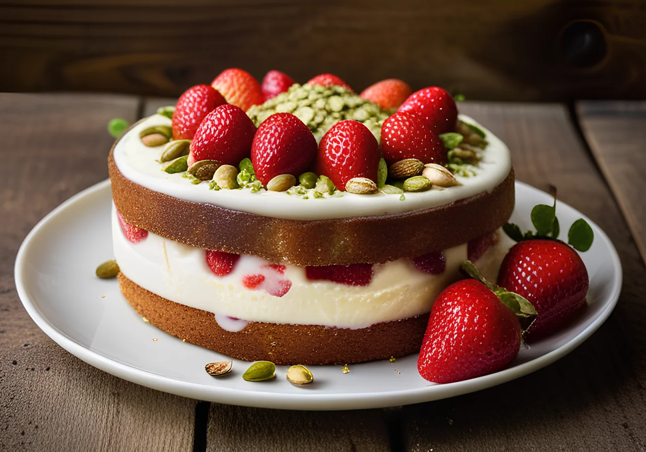 Yogurt Strawberry Cake with Pistachio Coating