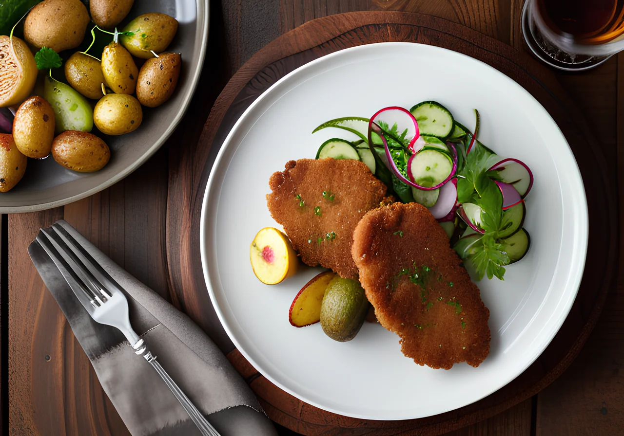 Walnut Schnitzel with Roasted Potatoes and Cucumber Salad