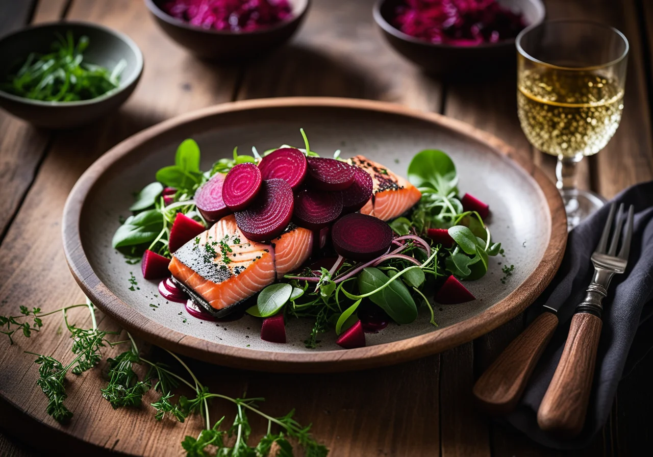 Salmon Trout Wrapped in Beetroot with Rapunzel Salad