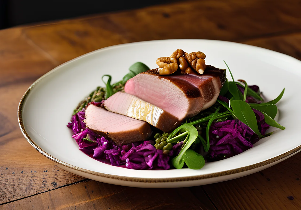 Duck Breast with Lentil Salad with Pears, Walnuts and Red Cabbage