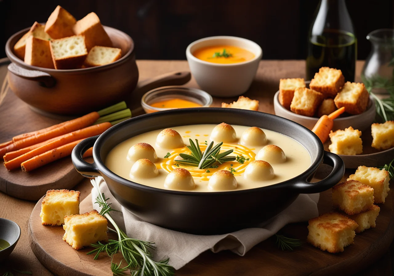 Cheese Fondue with Bread, Potatoes and Vegetables