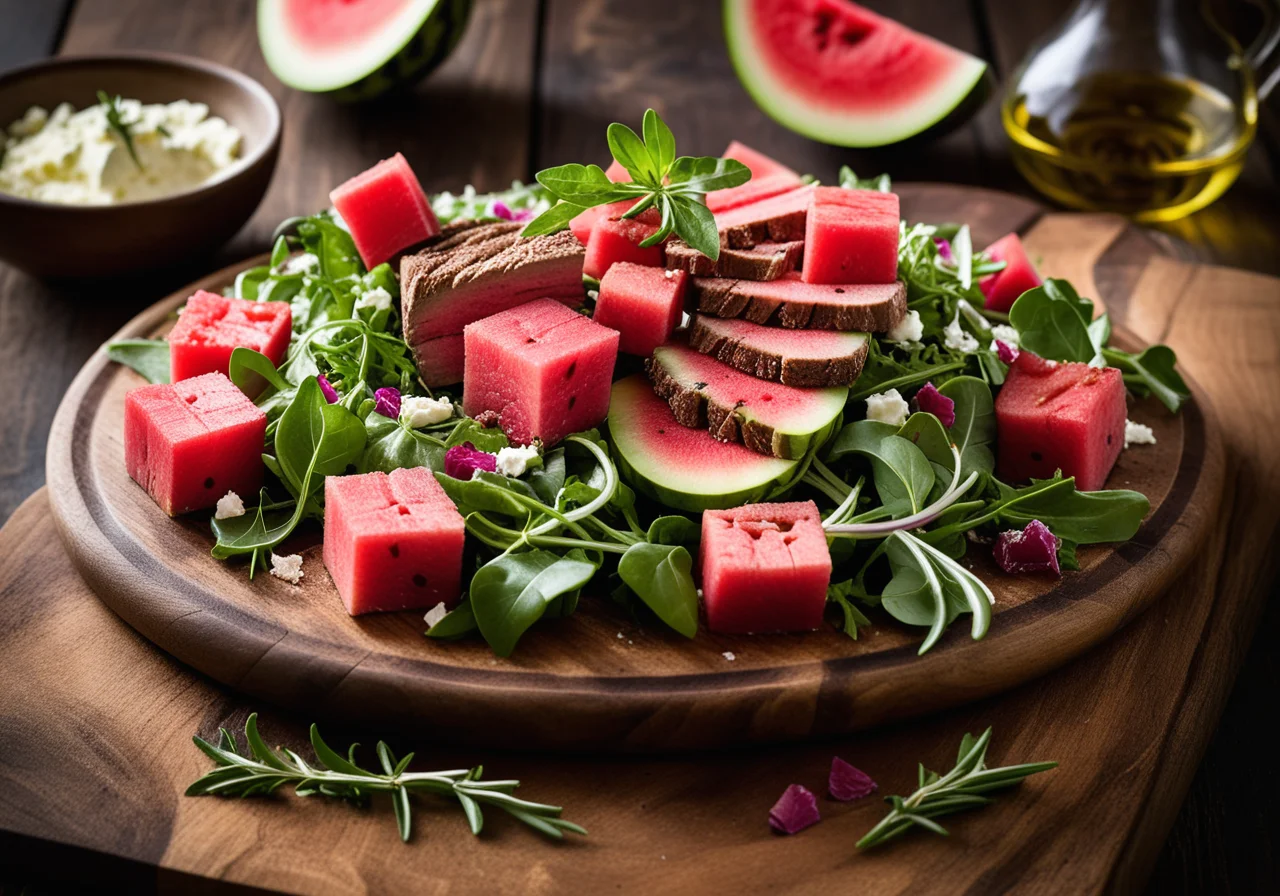 Leafy Salad with Watermelon, Sheep Cheese and Lamb Rack