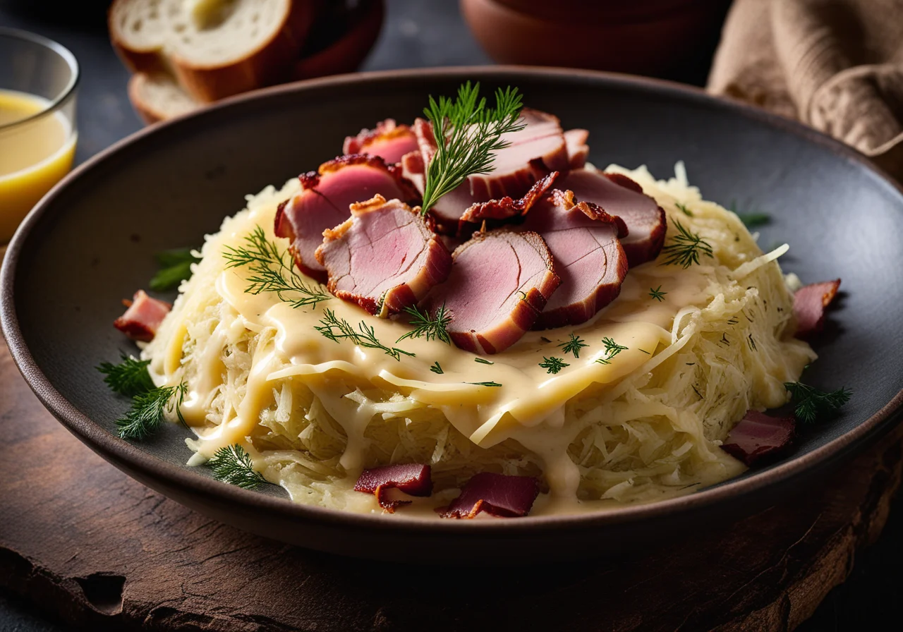 Sauerkraut stacked with ham hock and bacon