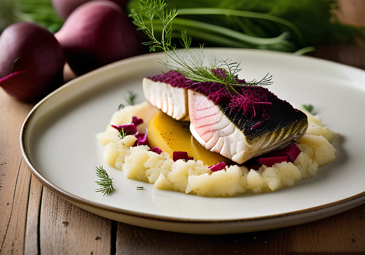 Waller with Horseradish Crust and Potato-Apple Vegetable