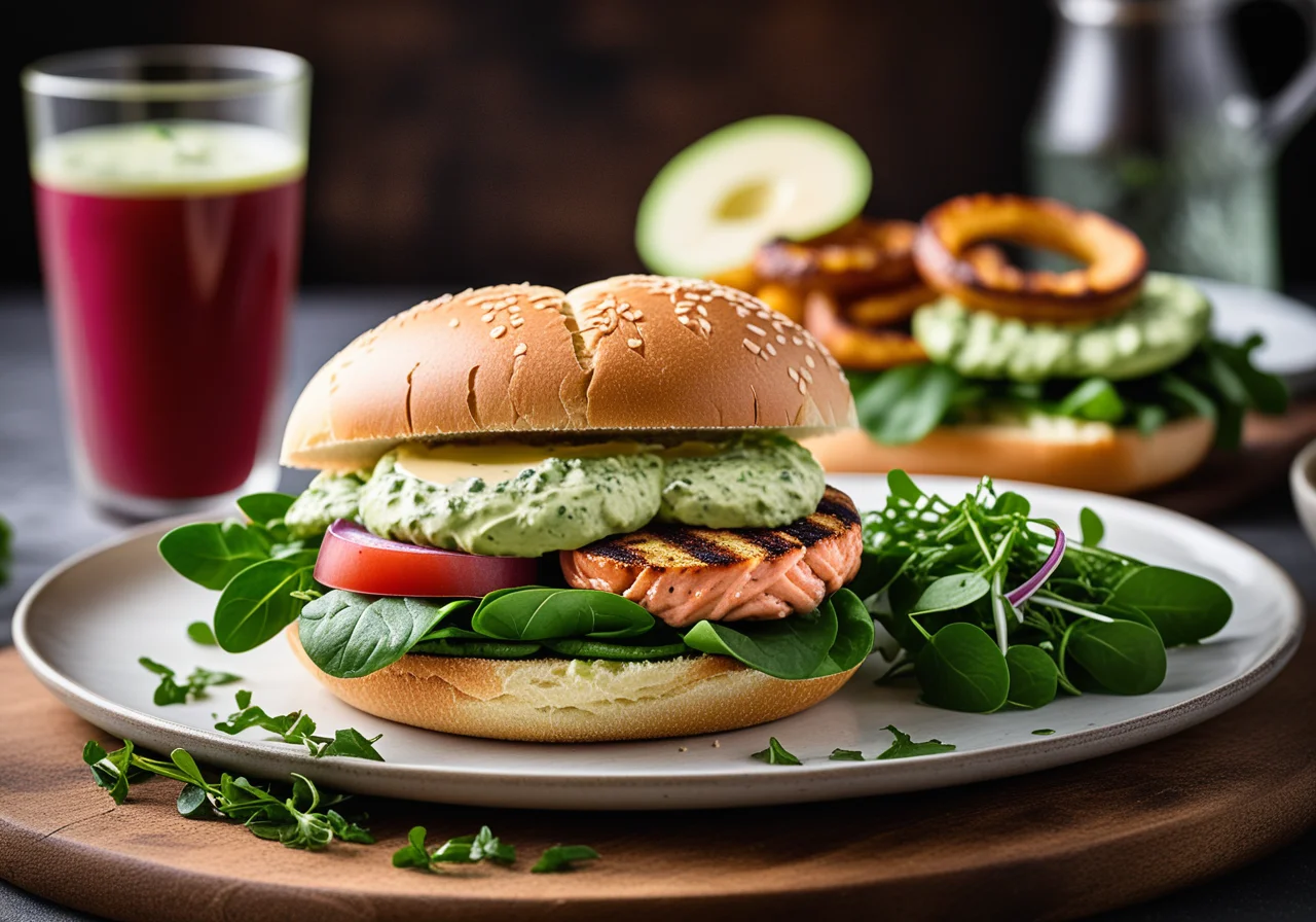 Salmon slices with avocado cream on a bun
