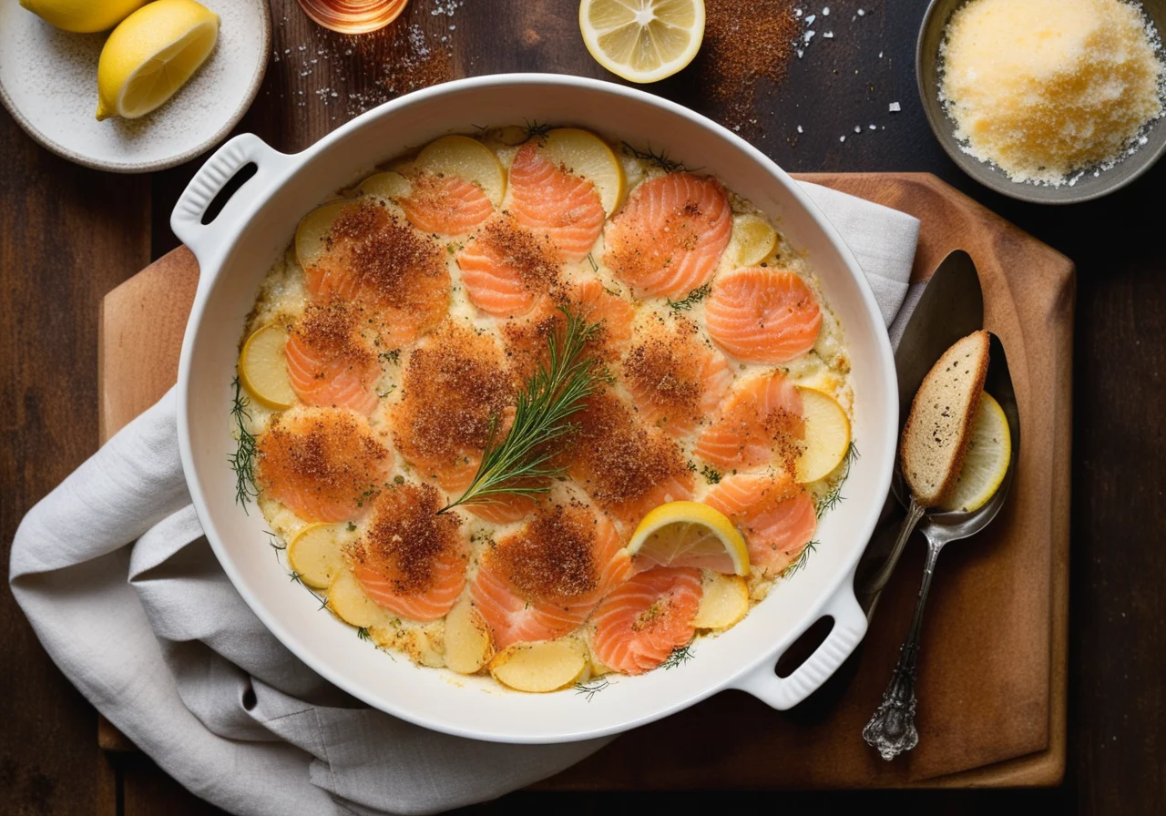 Potato Gratin with Spicy Salmon, Fennel and Crumb Crust