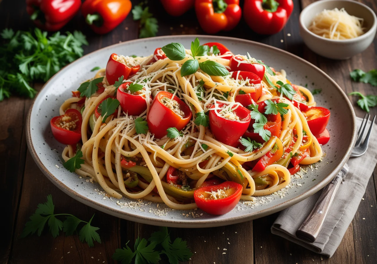 Pasta with Bell Pepper Eggplant Sauce